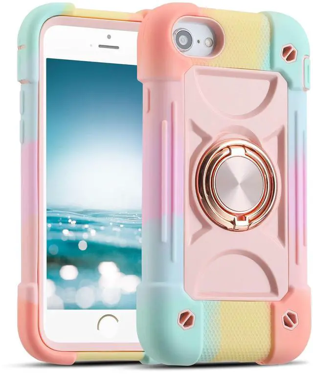 Main image of Compatible with iPhone Case with Ring Stand, Heavy-Duty Military Grade Shockproof Phone Cover (Rainbow Pink, iPhone SE 3rd/2nd/iPhone 8/7/6S/6)
