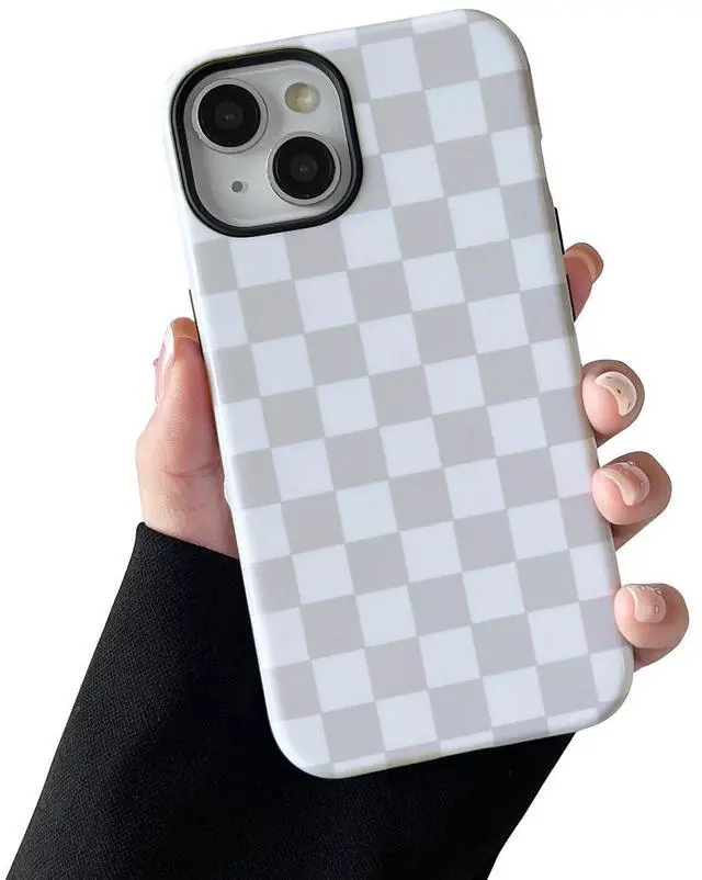 Main image of Compatible with iPhone 13/14 Case, Cute Aesthetic Fashion Colorful Checkered Cover for Women, Shockproof Slim Soft TPU and Hard PC Protective Phone Case - White