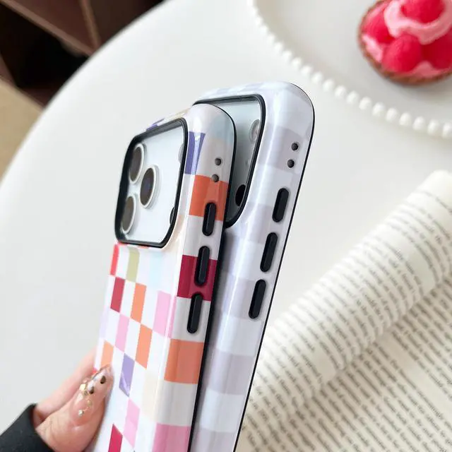 Alt view image 4 of 6 - Compatible with iPhone 13/14 Case, Cute Aesthetic Fashion Colorful Checkered Cover for Women, Shockproof Slim Soft TPU and Hard PC Protective Phone Case - White