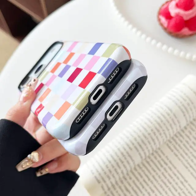 Alt view image 5 of 6 - Compatible with iPhone 13/14 Case, Cute Aesthetic Fashion Colorful Checkered Cover for Women, Shockproof Slim Soft TPU and Hard PC Protective Phone Case - White