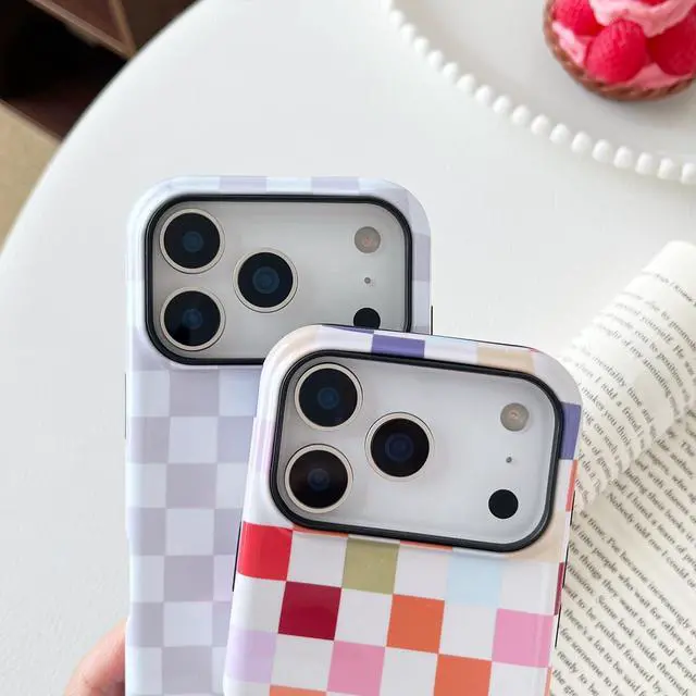 Alt view image 6 of 6 - Compatible with iPhone 13/14 Case, Cute Aesthetic Fashion Colorful Checkered Cover for Women, Shockproof Slim Soft TPU and Hard PC Protective Phone Case - White