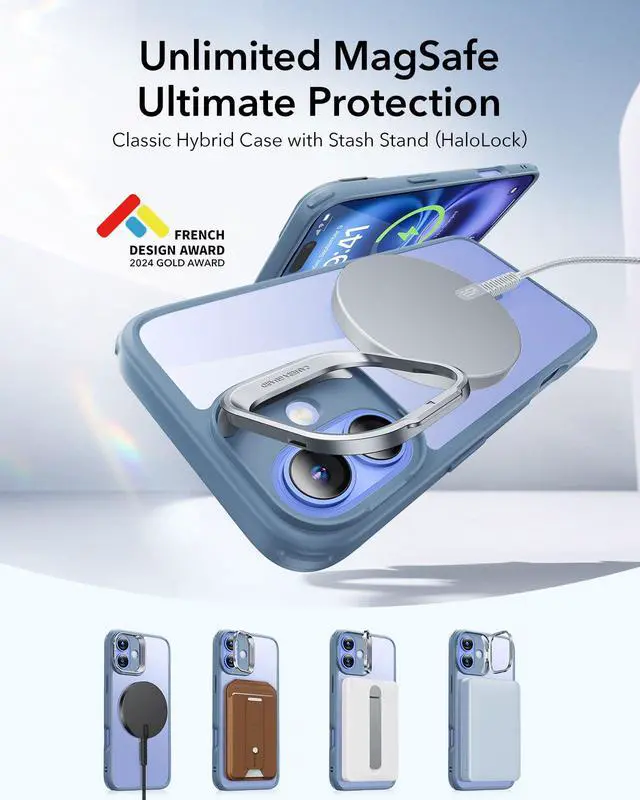 Alt view image 3 of 7 - for iPhone 16 Case, Compatible with MagSafe, Military-Grade Protective Case, Built-in Stash Stand Phone Case, Scratch-Resistant Back Cover, Classic Series, Clear Blue