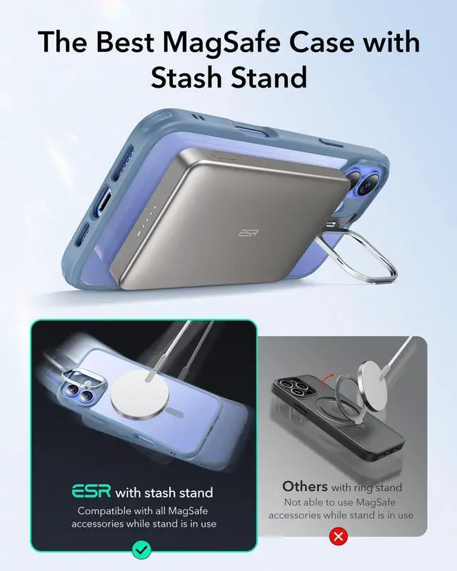 Alt view image 4 of 7 - for iPhone 16 Case, Compatible with MagSafe, Military-Grade Protective Case, Built-in Stash Stand Phone Case, Scratch-Resistant Back Cover, Classic Series, Clear Blue
