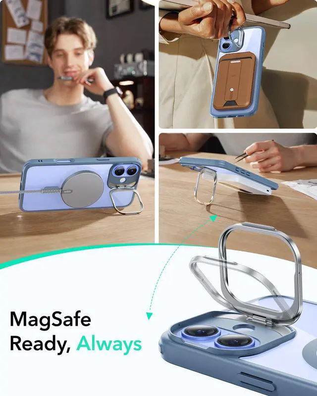 Alt view image 5 of 7 - for iPhone 16 Case, Compatible with MagSafe, Military-Grade Protective Case, Built-in Stash Stand Phone Case, Scratch-Resistant Back Cover, Classic Series, Clear Blue
