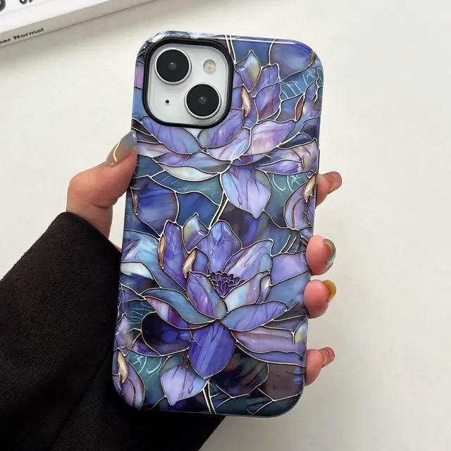 Alt view image 2 of 6 - Flower Case for iPhone 13/14, Aesthetic Cute Floral Phone Case for Girls Women, Protective Hybrid 2-Layer Hard Shell Silicone Cover Durable Shockproof Phone Cover - Purple Lotus