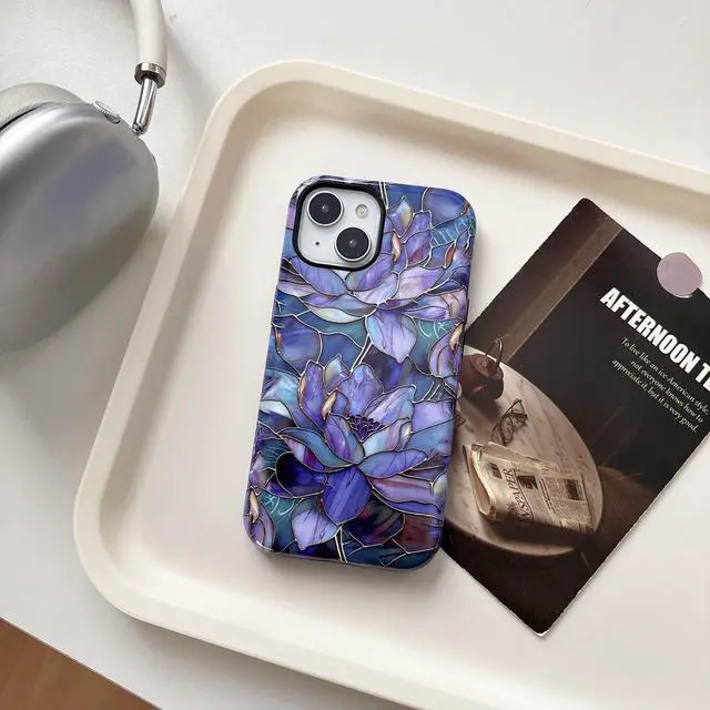 Alt view image 3 of 6 - Flower Case for iPhone 13/14, Aesthetic Cute Floral Phone Case for Girls Women, Protective Hybrid 2-Layer Hard Shell Silicone Cover Durable Shockproof Phone Cover - Purple Lotus