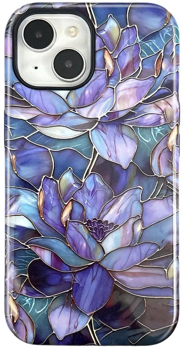 Main image of Flower Case for iPhone 13/14, Aesthetic Cute Floral Phone Case for Girls Women, Protective Hybrid 2-Layer Hard Shell Silicone Cover Durable Shockproof Phone Cover - Purple Lotus