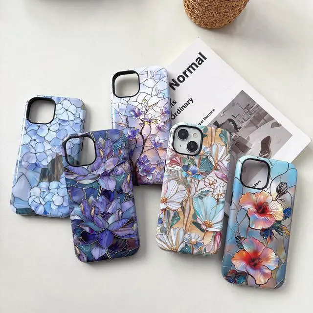 Alt view image 4 of 6 - Flower Case for iPhone 13/14, Aesthetic Cute Floral Phone Case for Girls Women, Protective Hybrid 2-Layer Hard Shell Silicone Cover Durable Shockproof Phone Cover - Purple Lotus