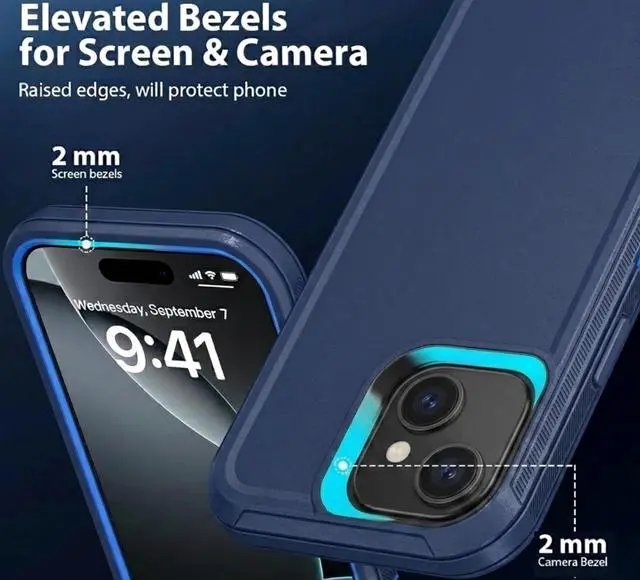 Alt view image 2 of 7 - Apple iPhone 13 / iPhone 14 / iPhone 15 / iPhone 16e Case (6.1") Rugged Case Heavy Duty Shockproof Dust/Drop Proof Dual Layer Cover Navy