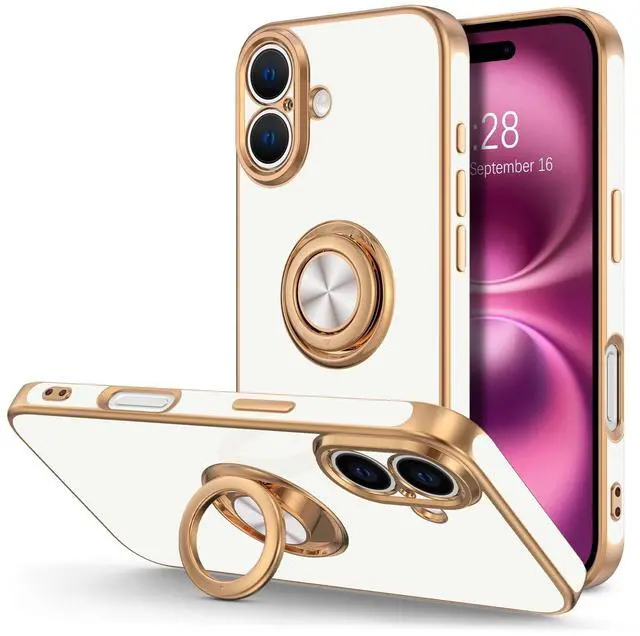 Main image of Hython Case with Ring Stand, 360° Rotatable Ring Holder Magnetic Kickstand, Plating Rose Gold Edge Soft Cover Protective Phone Case for iPhone 16 6.1", White