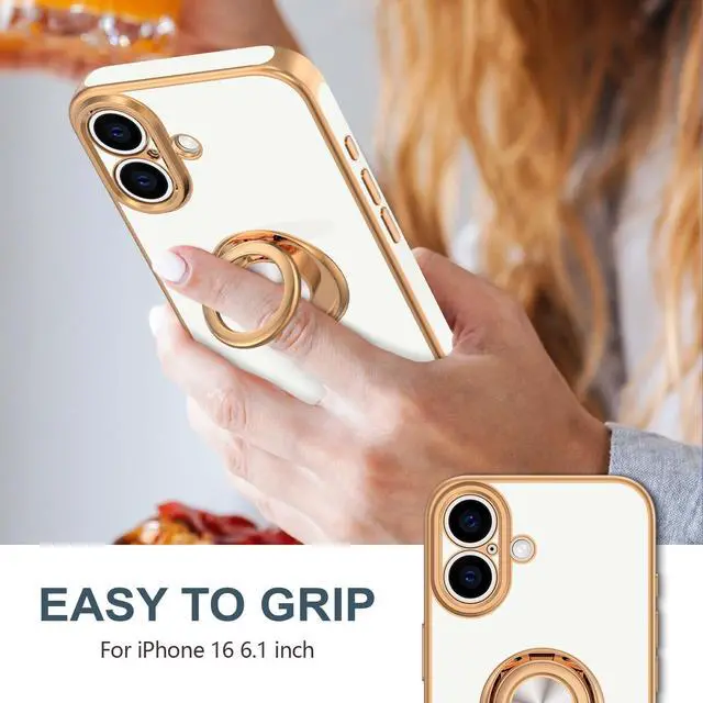 Alt view image 2 of 7 - Hython Case with Ring Stand, 360° Rotatable Ring Holder Magnetic Kickstand, Plating Rose Gold Edge Soft Cover Protective Phone Case for iPhone 16 6.1", White