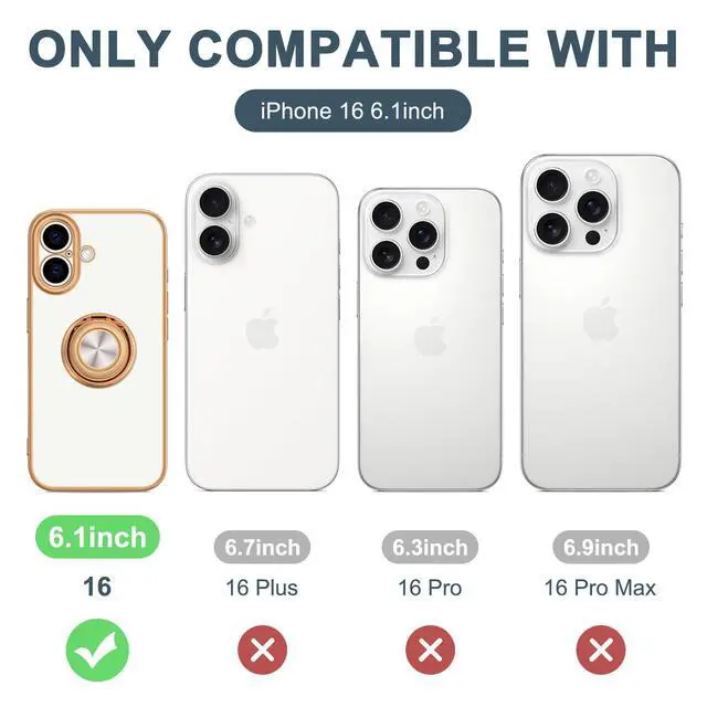 Alt view image 7 of 7 - Hython Case with Ring Stand, 360° Rotatable Ring Holder Magnetic Kickstand, Plating Rose Gold Edge Soft Cover Protective Phone Case for iPhone 16 6.1", White