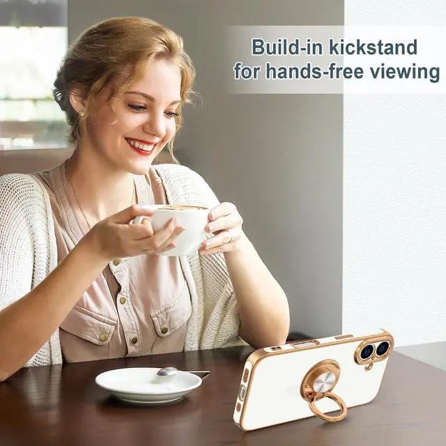 Alt view image 6 of 7 - Hython Case with Ring Stand, 360° Rotatable Ring Holder Magnetic Kickstand, Plating Rose Gold Edge Soft Cover Protective Phone Case for iPhone 16 6.1", White