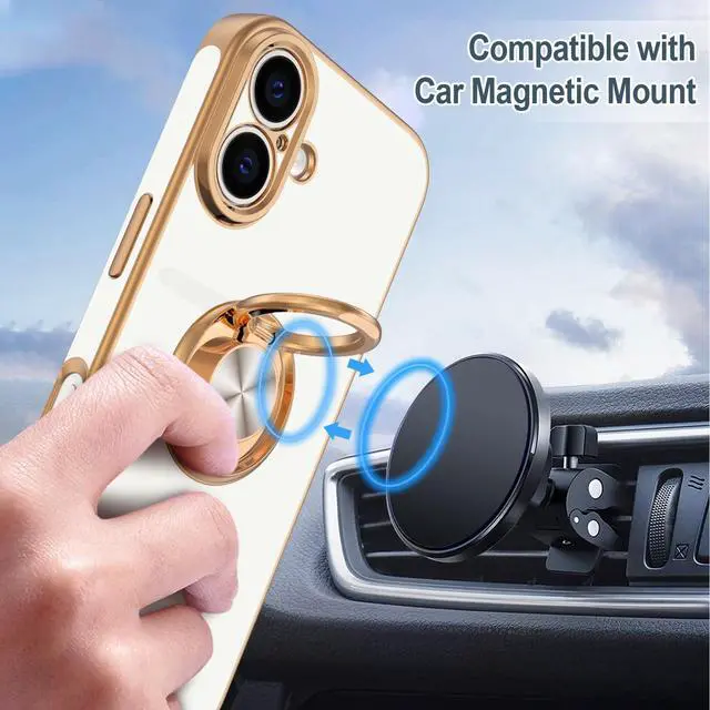 Alt view image 5 of 7 - Hython Case with Ring Stand, 360° Rotatable Ring Holder Magnetic Kickstand, Plating Rose Gold Edge Soft Cover Protective Phone Case for iPhone 16 6.1", White
