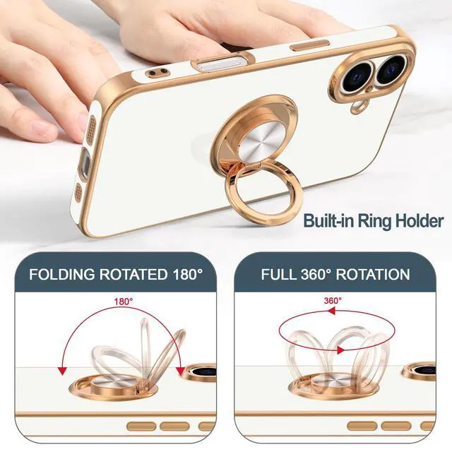 Alt view image 4 of 7 - Hython Case with Ring Stand, 360° Rotatable Ring Holder Magnetic Kickstand, Plating Rose Gold Edge Soft Cover Protective Phone Case for iPhone 16 6.1", White
