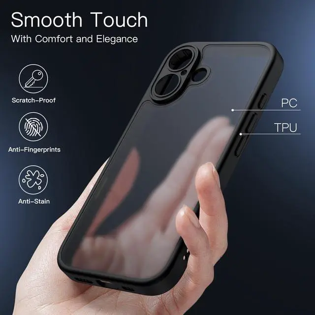 Alt view image 5 of 7 - Matte Case for iPhone 16 6.1-Inch with Camera Control Button, Shockproof Military Grade Drop Protection, Frosted Translucent Back Phone Cover (Black)