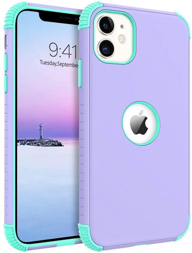 Main image of for iPhone 11 Phone Case, Heavy Duty 2 in 1 Full Body Rugged Shockproof Protection Hybrid Hard PC Bumper Drop Protective Girls Women Boy Men, Purple/Mint
