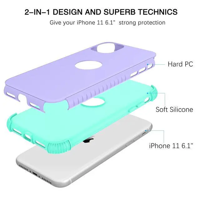 Alt view image 2 of 7 - for iPhone 11 Phone Case, Heavy Duty 2 in 1 Full Body Rugged Shockproof Protection Hybrid Hard PC Bumper Drop Protective Girls Women Boy Men, Purple/Mint