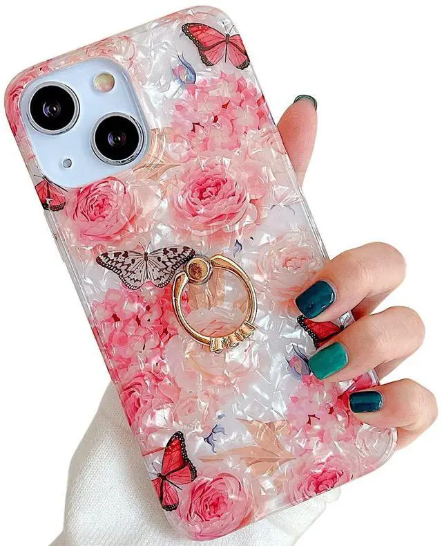 Main image of for iPhone 13/14 Case 6.1 inch,Flower Design Cute Clear for Women Girls with 360 Degree Rotating Ring Kickstand Soft TPU Shockproof Cover Rose Butterfly