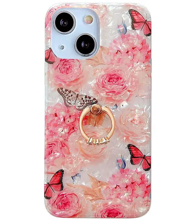 Alt view image 2 of 7 - for iPhone 13/14 Case 6.1 inch,Flower Design Cute Clear for Women Girls with 360 Degree Rotating Ring Kickstand Soft TPU Shockproof Cover Rose Butterfly