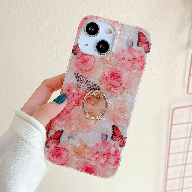 Alt view image 4 of 7 - for iPhone 13/14 Case 6.1 inch,Flower Design Cute Clear for Women Girls with 360 Degree Rotating Ring Kickstand Soft TPU Shockproof Cover Rose Butterfly