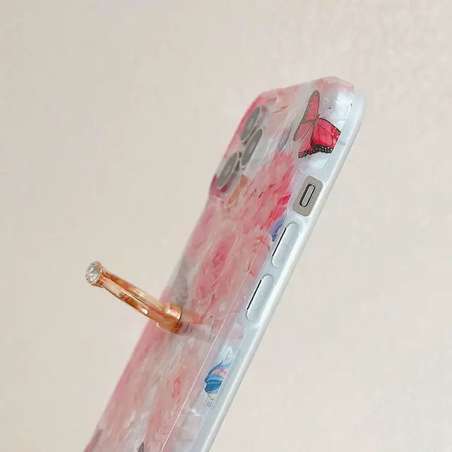 Alt view image 7 of 7 - for iPhone 13/14 Case 6.1 inch,Flower Design Cute Clear for Women Girls with 360 Degree Rotating Ring Kickstand Soft TPU Shockproof Cover Rose Butterfly