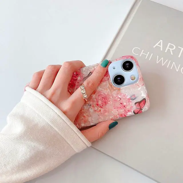 Alt view image 5 of 7 - for iPhone 13/14 Case 6.1 inch,Flower Design Cute Clear for Women Girls with 360 Degree Rotating Ring Kickstand Soft TPU Shockproof Cover Rose Butterfly