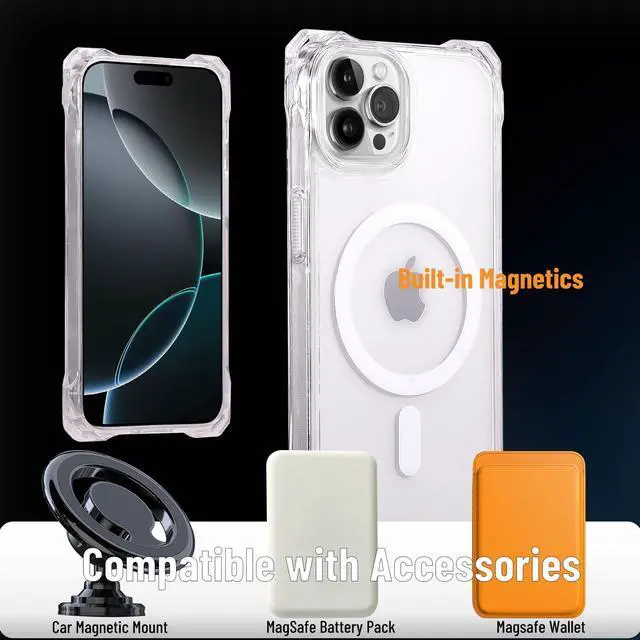 Alt view image 3 of 7 - Magnetic Case for iPhone 16 Pro Max, Compatible with MagSafe, Clear Strong Magnetic Soft Frame PC Back Shockproof Protective Case Cover with Detachable Lanyard,Clear