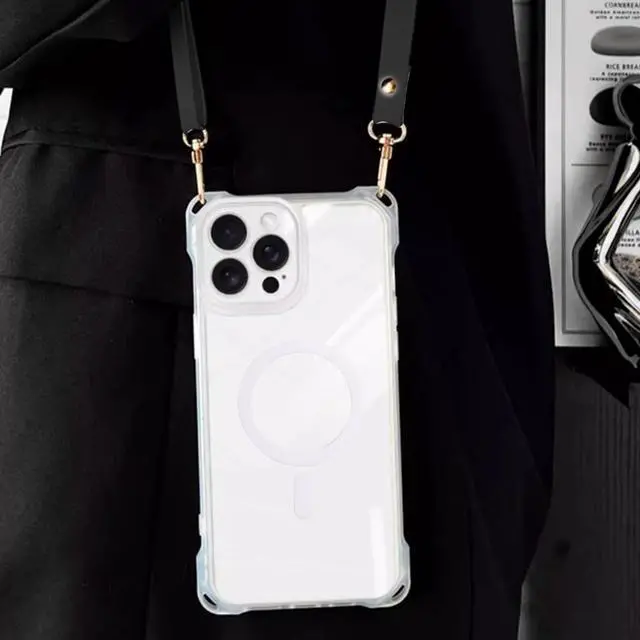 Alt view image 6 of 7 - Magnetic Case for iPhone 16 Pro Max, Compatible with MagSafe, Clear Strong Magnetic Soft Frame PC Back Shockproof Protective Case Cover with Detachable Lanyard,Clear