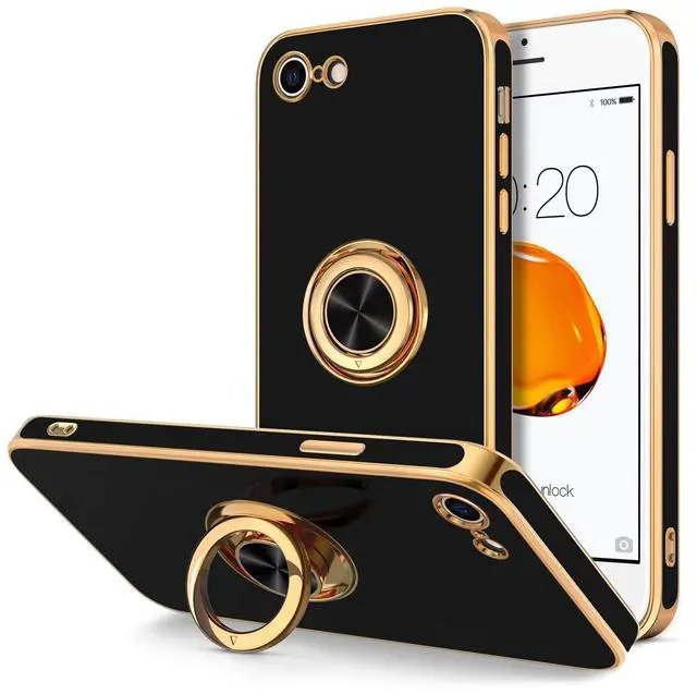 Main image of Case for iPhone SE 2022, iPhone SE 2020, iPhone 7 Case, iPhone 8 Case with Ring Holder Stand Magnetic Kickstand, Plating Rose Gold Soft TPU Bumper Camera Protection Shockproof Phone Cases-Black