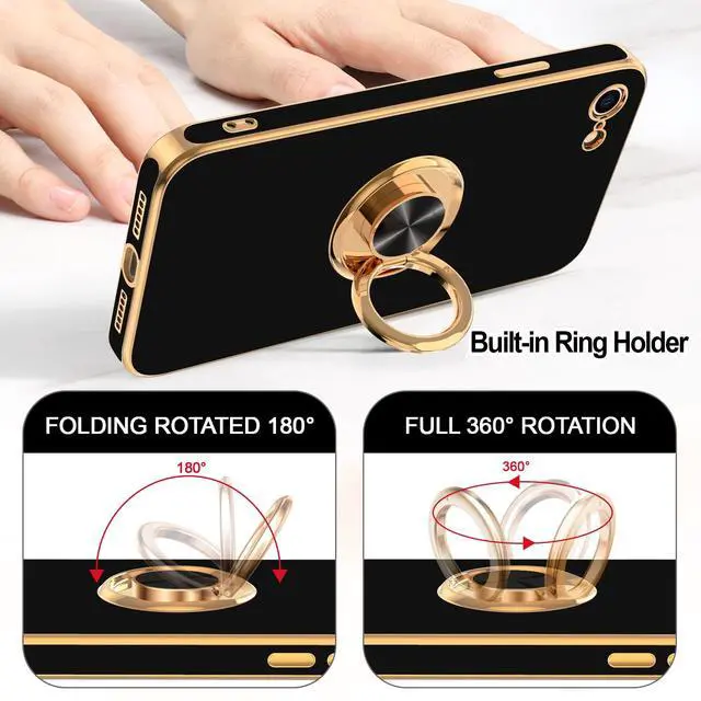 Alt view image 4 of 7 - Case for iPhone SE 2022, iPhone SE 2020, iPhone 7 Case, iPhone 8 Case with Ring Holder Stand Magnetic Kickstand, Plating Rose Gold Soft TPU Bumper Camera Protection Shockproof Phone Cases-Black