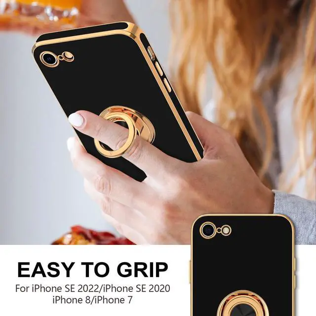 Alt view image 2 of 7 - Case for iPhone SE 2022, iPhone SE 2020, iPhone 7 Case, iPhone 8 Case with Ring Holder Stand Magnetic Kickstand, Plating Rose Gold Soft TPU Bumper Camera Protection Shockproof Phone Cases-Black