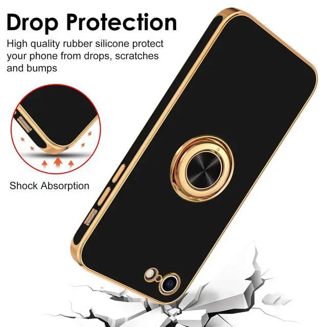Alt view image 7 of 7 - Case for iPhone SE 2022, iPhone SE 2020, iPhone 7 Case, iPhone 8 Case with Ring Holder Stand Magnetic Kickstand, Plating Rose Gold Soft TPU Bumper Camera Protection Shockproof Phone Cases-Black
