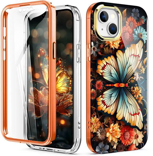 Main image of for iPhone 14 Case/iPhone 13 Case, (with Built-in Screen Protector) Shockproof Slim Soft TPU+Hard Plastic Full Body Protective Case for iPhone 14/iPhone 13 (6.1") - Orange Butterfly