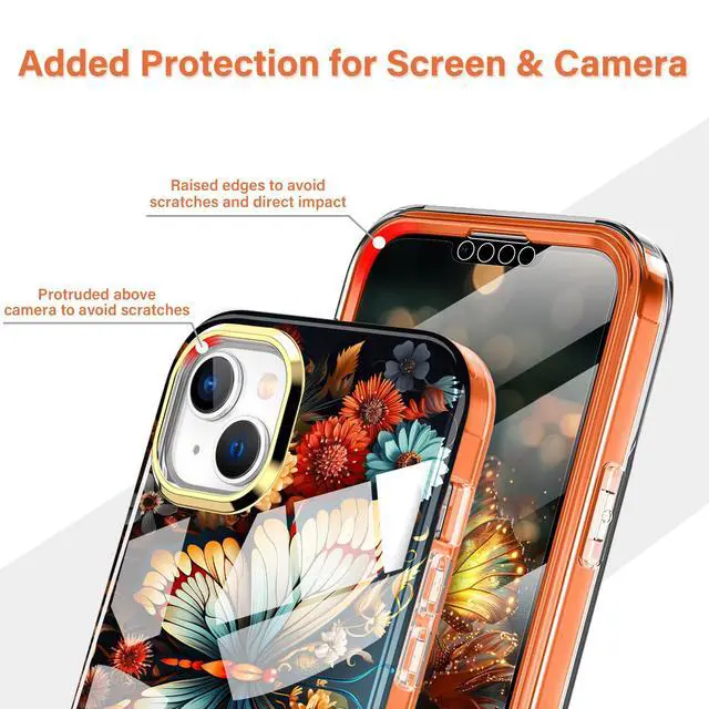 Alt view image 3 of 7 - for iPhone 14 Case/iPhone 13 Case, (with Built-in Screen Protector) Shockproof Slim Soft TPU+Hard Plastic Full Body Protective Case for iPhone 14/iPhone 13 (6.1") - Orange Butterfly