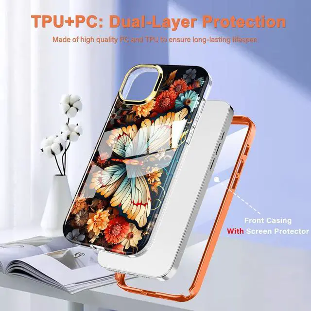 Alt view image 4 of 7 - for iPhone 14 Case/iPhone 13 Case, (with Built-in Screen Protector) Shockproof Slim Soft TPU+Hard Plastic Full Body Protective Case for iPhone 14/iPhone 13 (6.1") - Orange Butterfly