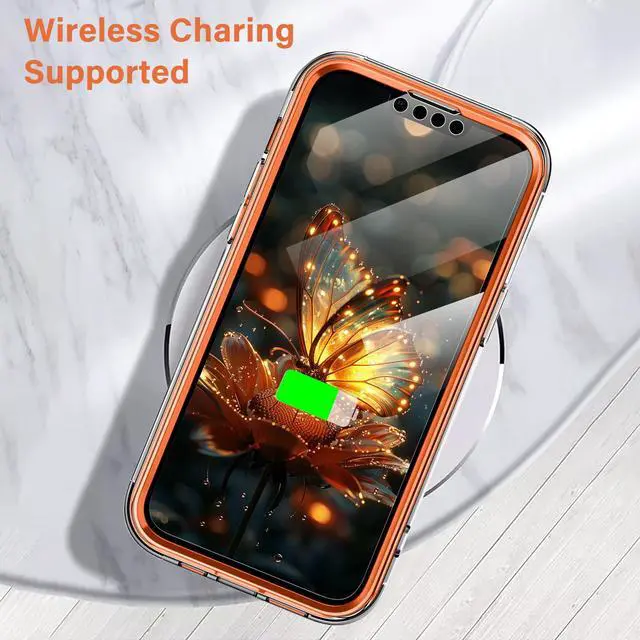 Alt view image 5 of 7 - for iPhone 14 Case/iPhone 13 Case, (with Built-in Screen Protector) Shockproof Slim Soft TPU+Hard Plastic Full Body Protective Case for iPhone 14/iPhone 13 (6.1") - Orange Butterfly