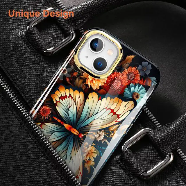 Alt view image 6 of 7 - for iPhone 14 Case/iPhone 13 Case, (with Built-in Screen Protector) Shockproof Slim Soft TPU+Hard Plastic Full Body Protective Case for iPhone 14/iPhone 13 (6.1") - Orange Butterfly