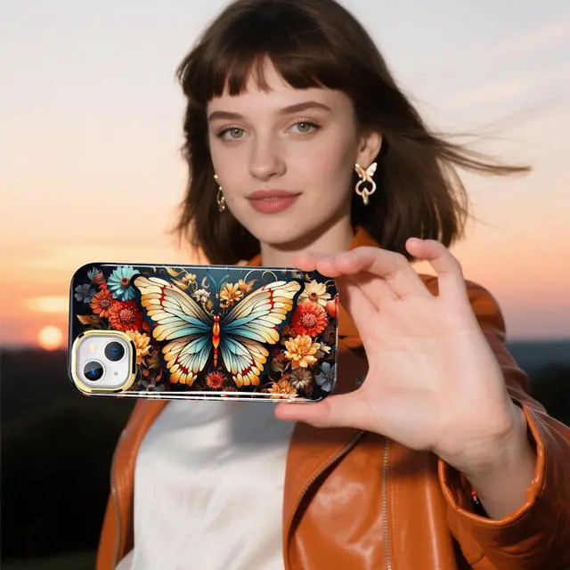 Alt view image 7 of 7 - for iPhone 14 Case/iPhone 13 Case, (with Built-in Screen Protector) Shockproof Slim Soft TPU+Hard Plastic Full Body Protective Case for iPhone 14/iPhone 13 (6.1") - Orange Butterfly