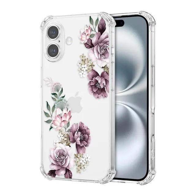 Alt view image 2 of 7 - Soft Case Compatible with iPhone 17, Clear Floral Flower Pattern Print Design Flexible TPU Shockproof Cover for Women Girls, Flower Protective Phone Case, Purple Peony