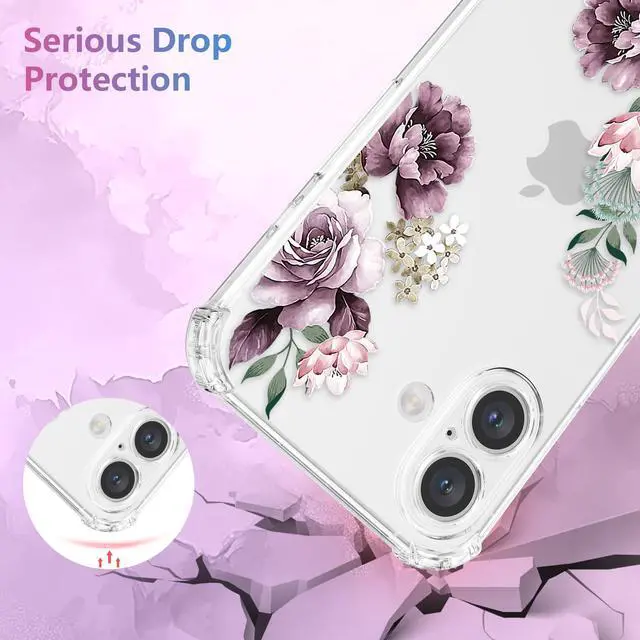Alt view image 3 of 7 - Soft Case Compatible with iPhone 17, Clear Floral Flower Pattern Print Design Flexible TPU Shockproof Cover for Women Girls, Flower Protective Phone Case, Purple Peony