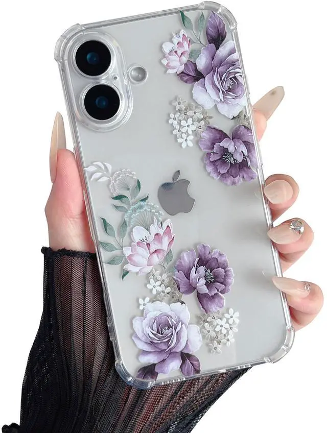 Main image of Soft Case Compatible with iPhone 17, Clear Floral Flower Pattern Print Design Flexible TPU Shockproof Cover for Women Girls, Flower Protective Phone Case, Purple Peony
