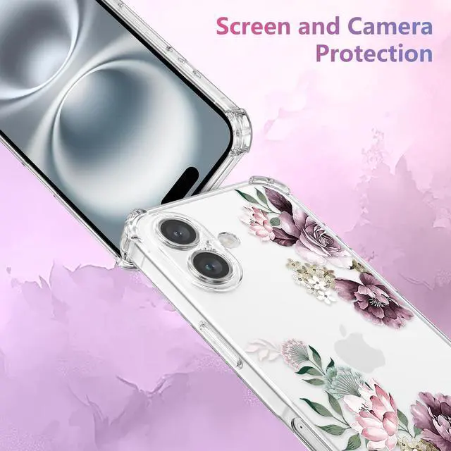 Alt view image 4 of 7 - Soft Case Compatible with iPhone 17, Clear Floral Flower Pattern Print Design Flexible TPU Shockproof Cover for Women Girls, Flower Protective Phone Case, Purple Peony