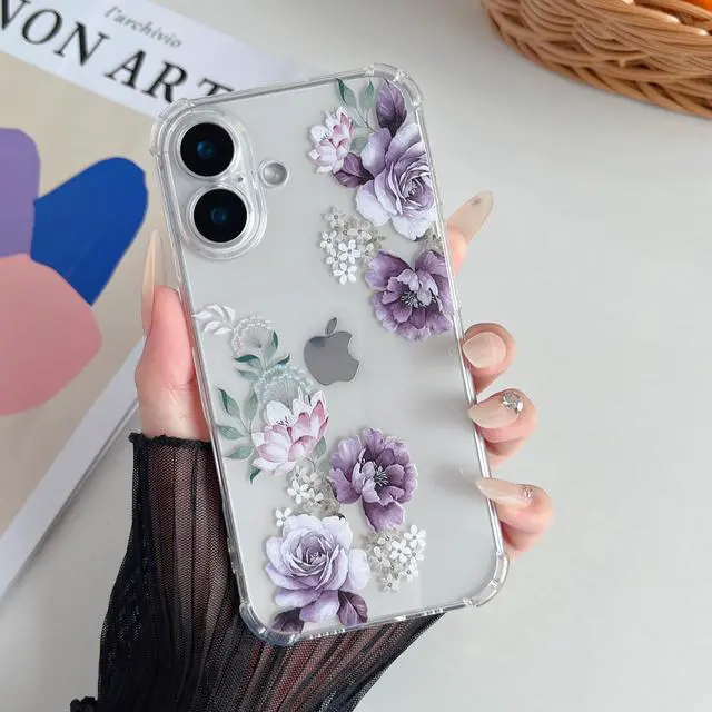 Alt view image 6 of 7 - Soft Case Compatible with iPhone 17, Clear Floral Flower Pattern Print Design Flexible TPU Shockproof Cover for Women Girls, Flower Protective Phone Case, Purple Peony