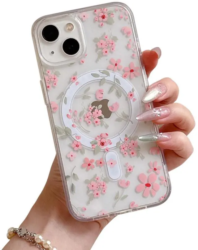 Main image of Magnetic for iPhone 15 Case Compatible with Magsafe, Cute Floral Flower Aesthetic Phone Case Slim Clear Anti-Yellowing Shockproof Phone Cover for Girls Women - Pink