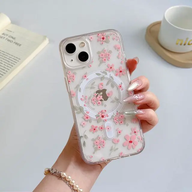 Alt view image 2 of 7 - Magnetic for iPhone 15 Case Compatible with Magsafe, Cute Floral Flower Aesthetic Phone Case Slim Clear Anti-Yellowing Shockproof Phone Cover for Girls Women - Pink