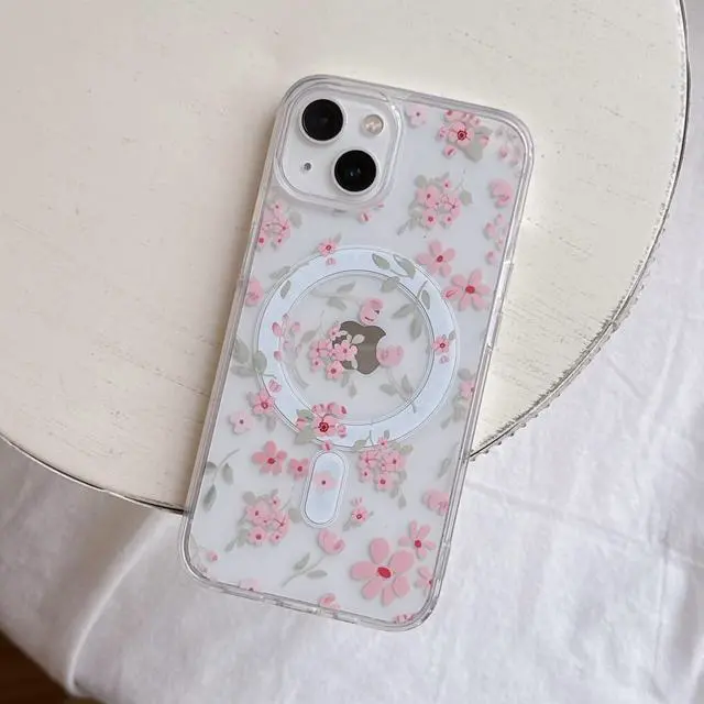 Alt view image 3 of 7 - Magnetic for iPhone 15 Case Compatible with Magsafe, Cute Floral Flower Aesthetic Phone Case Slim Clear Anti-Yellowing Shockproof Phone Cover for Girls Women - Pink