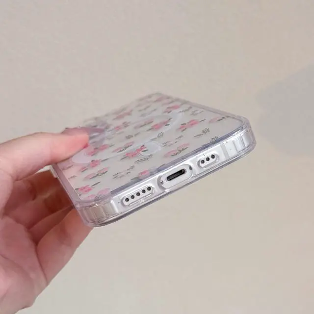 Alt view image 6 of 7 - Magnetic for iPhone 15 Case Compatible with Magsafe, Cute Floral Flower Aesthetic Phone Case Slim Clear Anti-Yellowing Shockproof Phone Cover for Girls Women - Pink