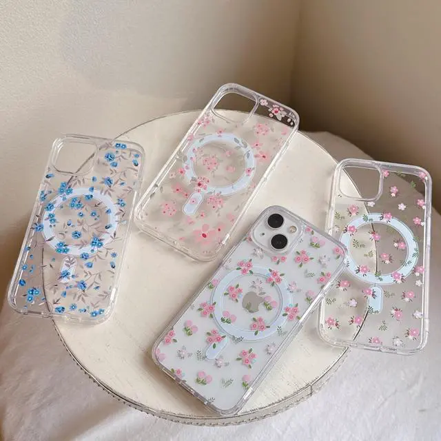 Alt view image 7 of 7 - Magnetic for iPhone 15 Case Compatible with Magsafe, Cute Floral Flower Aesthetic Phone Case Slim Clear Anti-Yellowing Shockproof Phone Cover for Girls Women - Pink