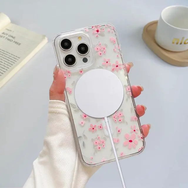 Alt view image 4 of 7 - Magnetic for iPhone 15 Case Compatible with Magsafe, Cute Floral Flower Aesthetic Phone Case Slim Clear Anti-Yellowing Shockproof Phone Cover for Girls Women - Pink